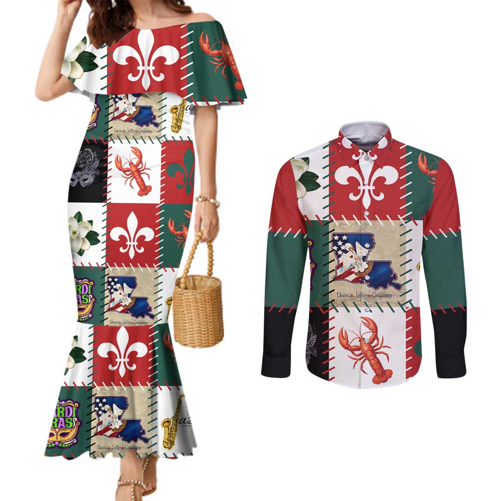 Louisiana Famous Things Christmas Couples Matching Mermaid Dress and Long Sleeve Button Shirt Xmas Holiday Patterns - Wonder Print Shop