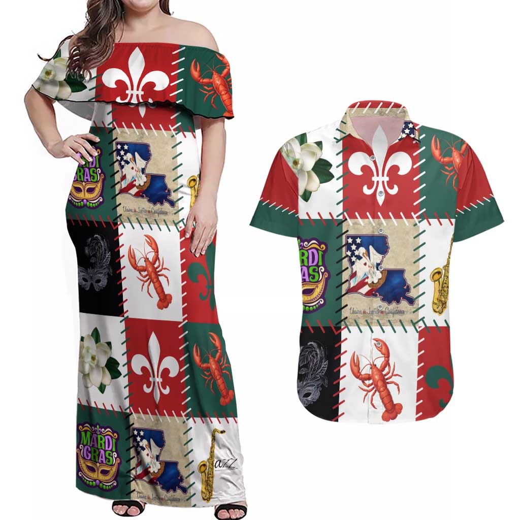 Louisiana Famous Things Christmas Couples Matching Off Shoulder Maxi Dress and Hawaiian Shirt Xmas Holiday Patterns - Wonder Print Shop
