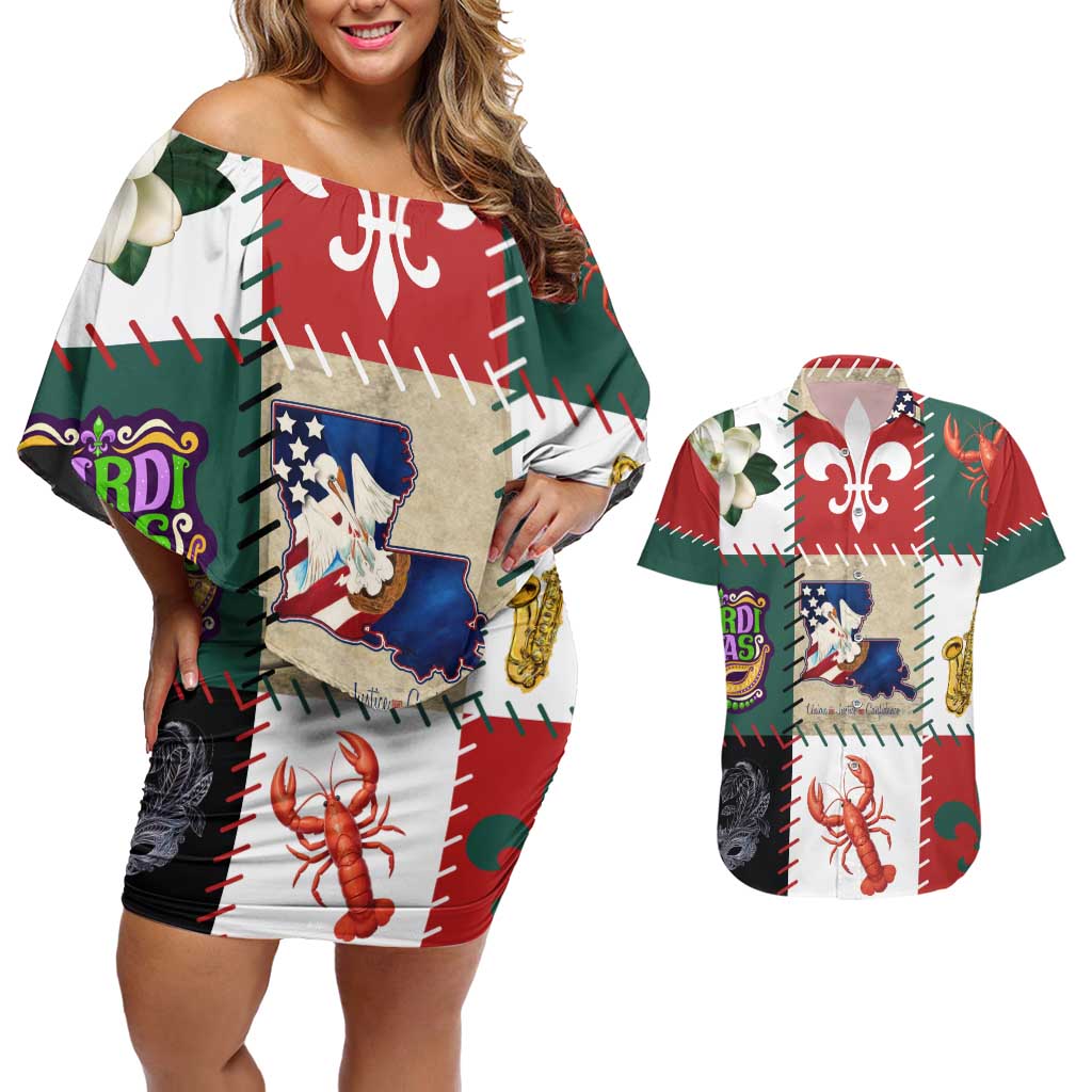 Louisiana Famous Things Christmas Couples Matching Off Shoulder Short Dress and Hawaiian Shirt Xmas Holiday Patterns - Wonder Print Shop