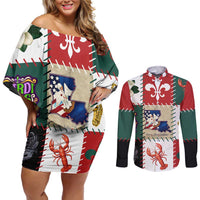 Louisiana Famous Things Christmas Couples Matching Off Shoulder Short Dress and Long Sleeve Button Shirt Xmas Holiday Patterns - Wonder Print Shop