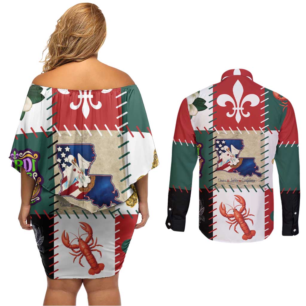 Louisiana Famous Things Christmas Couples Matching Off Shoulder Short Dress and Long Sleeve Button Shirt Xmas Holiday Patterns - Wonder Print Shop