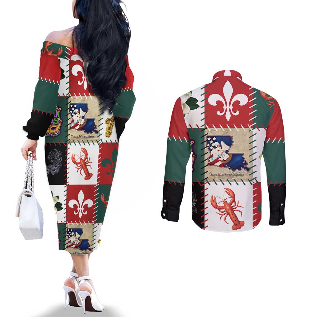 Louisiana Famous Things Christmas Couples Matching Off The Shoulder Long Sleeve Dress and Long Sleeve Button Shirt Xmas Holiday Patterns - Wonder Print Shop