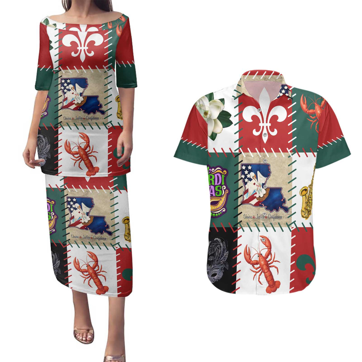 Louisiana Famous Things Christmas Couples Matching Puletasi and Hawaiian Shirt Xmas Holiday Patterns - Wonder Print Shop