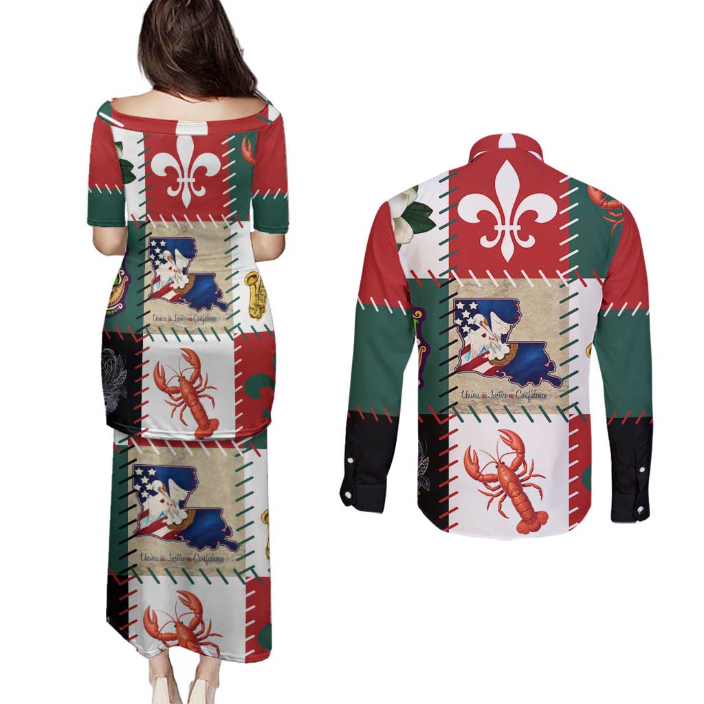 Louisiana Famous Things Christmas Couples Matching Puletasi and Long Sleeve Button Shirt Xmas Holiday Patterns - Wonder Print Shop