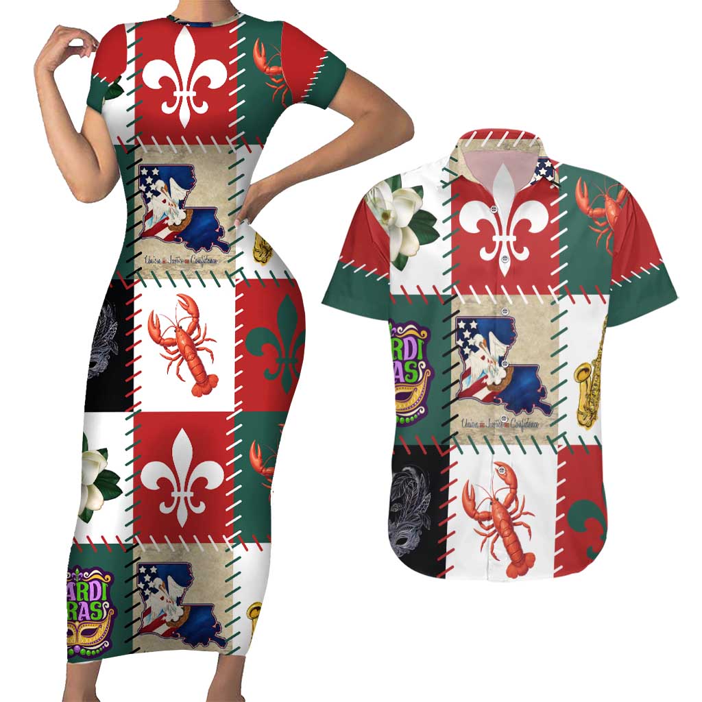 Louisiana Famous Things Christmas Couples Matching Short Sleeve Bodycon Dress and Hawaiian Shirt Xmas Holiday Patterns - Wonder Print Shop