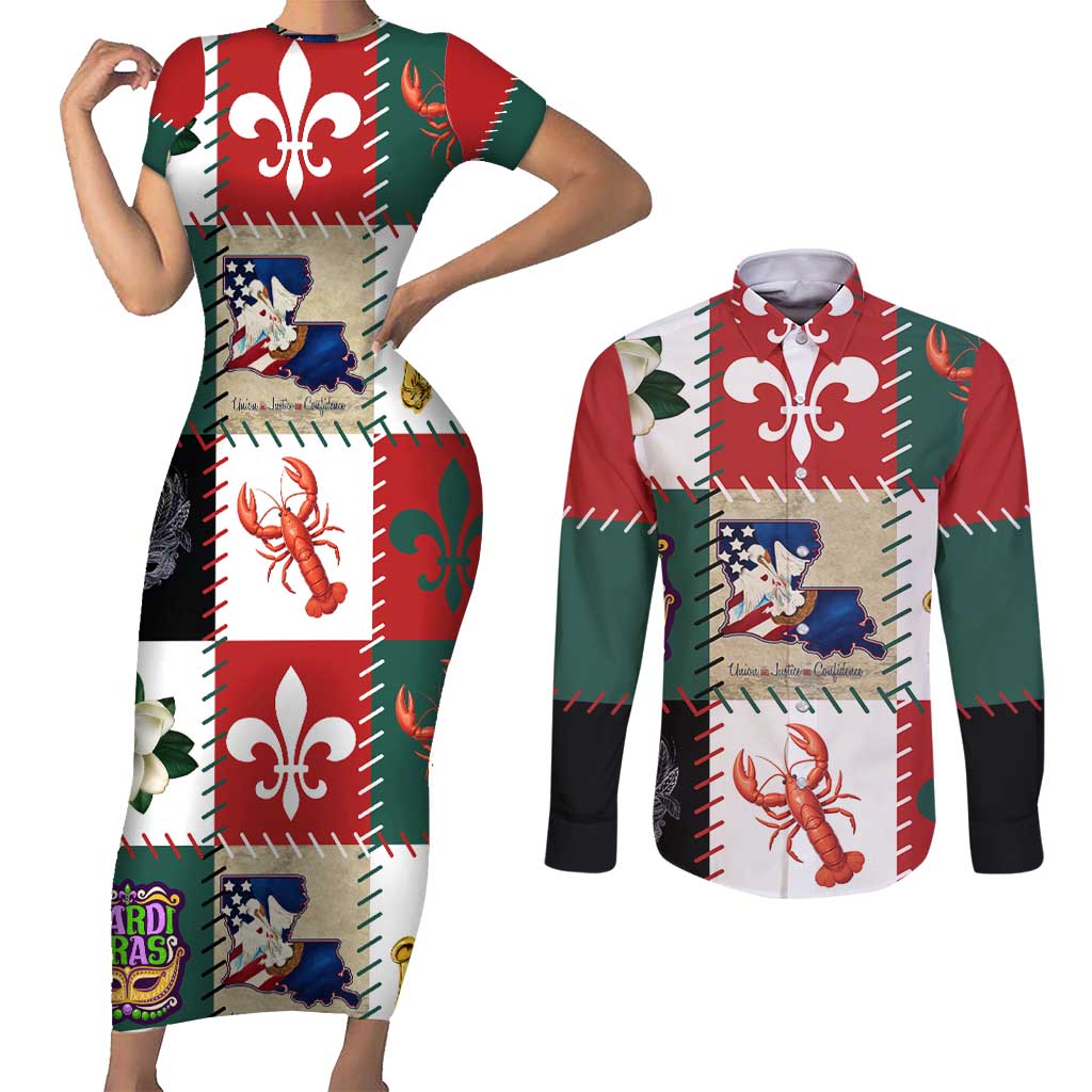 Louisiana Famous Things Christmas Couples Matching Short Sleeve Bodycon Dress and Long Sleeve Button Shirt Xmas Holiday Patterns - Wonder Print Shop