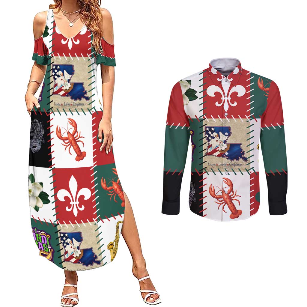 Louisiana Famous Things Christmas Couples Matching Summer Maxi Dress and Long Sleeve Button Shirt Xmas Holiday Patterns - Wonder Print Shop