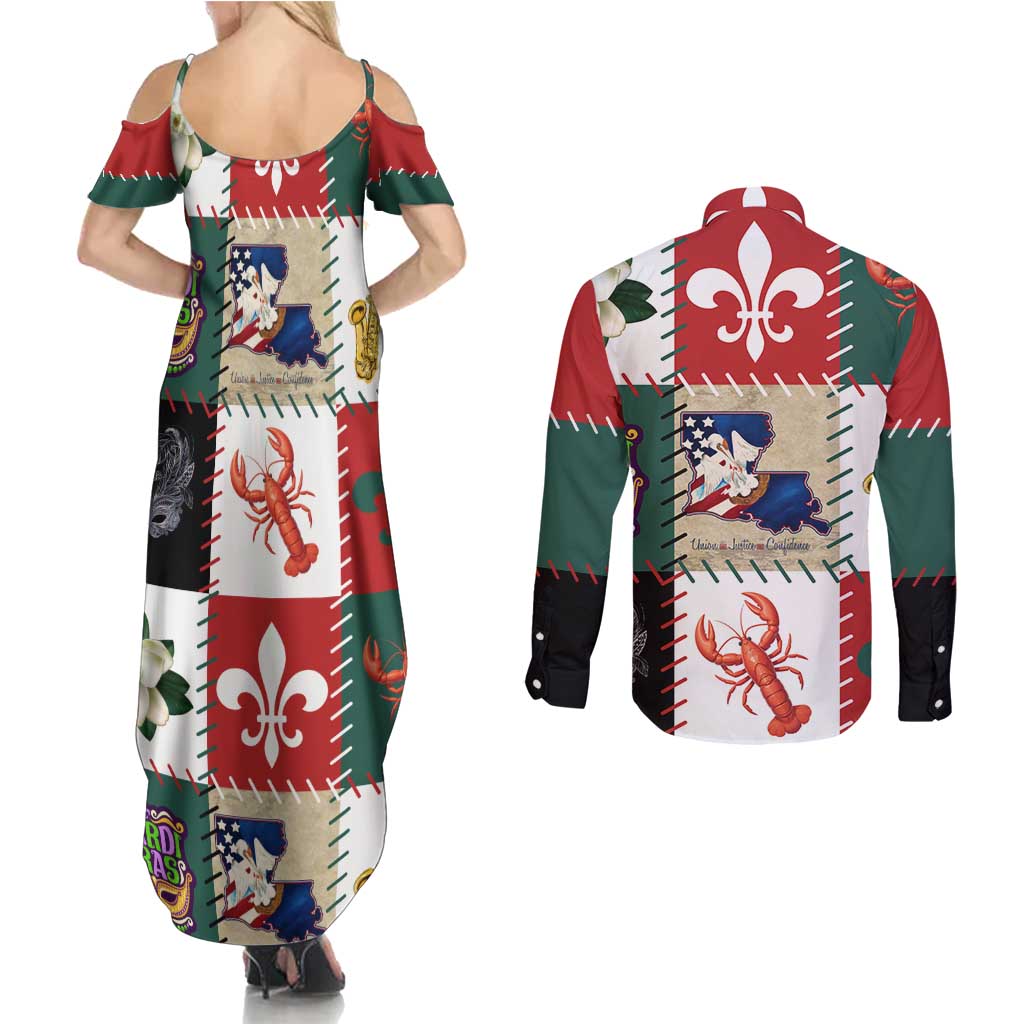 Louisiana Famous Things Christmas Couples Matching Summer Maxi Dress and Long Sleeve Button Shirt Xmas Holiday Patterns - Wonder Print Shop