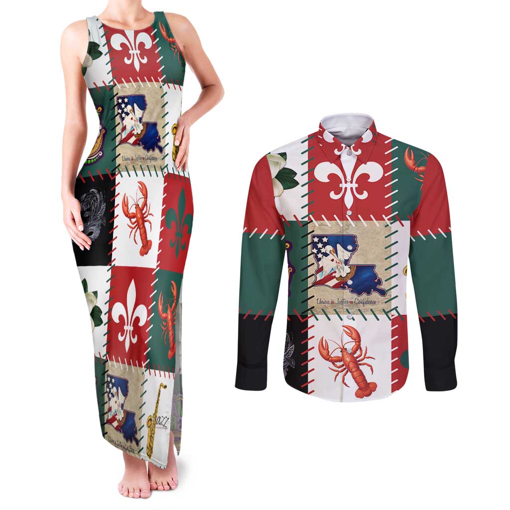 Louisiana Famous Things Christmas Couples Matching Tank Maxi Dress and Long Sleeve Button Shirt Xmas Holiday Patterns - Wonder Print Shop