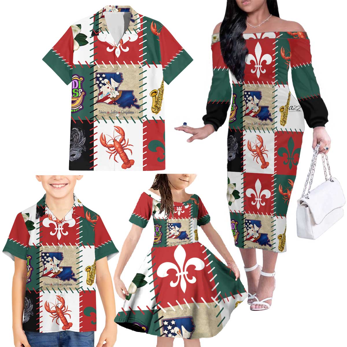 Louisiana Famous Things Christmas Family Matching Off The Shoulder Long Sleeve Dress and Hawaiian Shirt Xmas Holiday Patterns - Wonder Print Shop