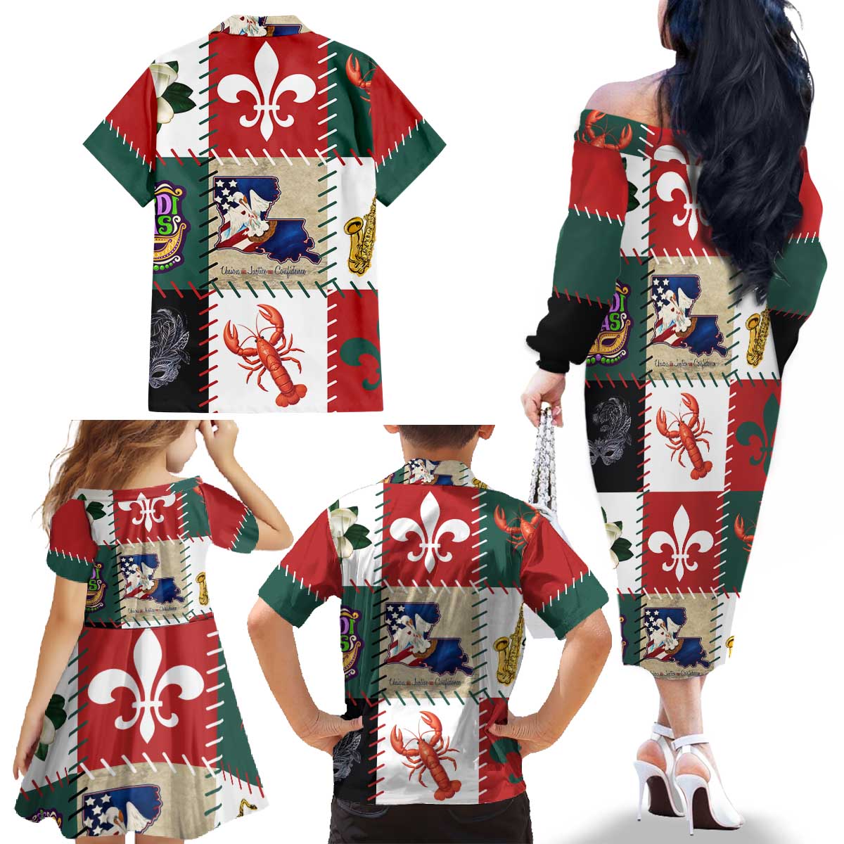 Louisiana Famous Things Christmas Family Matching Off The Shoulder Long Sleeve Dress and Hawaiian Shirt Xmas Holiday Patterns - Wonder Print Shop