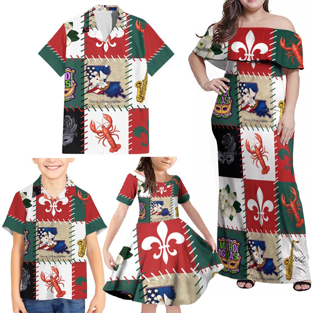 Louisiana Famous Things Christmas Family Matching Off Shoulder Maxi Dress and Hawaiian Shirt Xmas Holiday Patterns - Wonder Print Shop