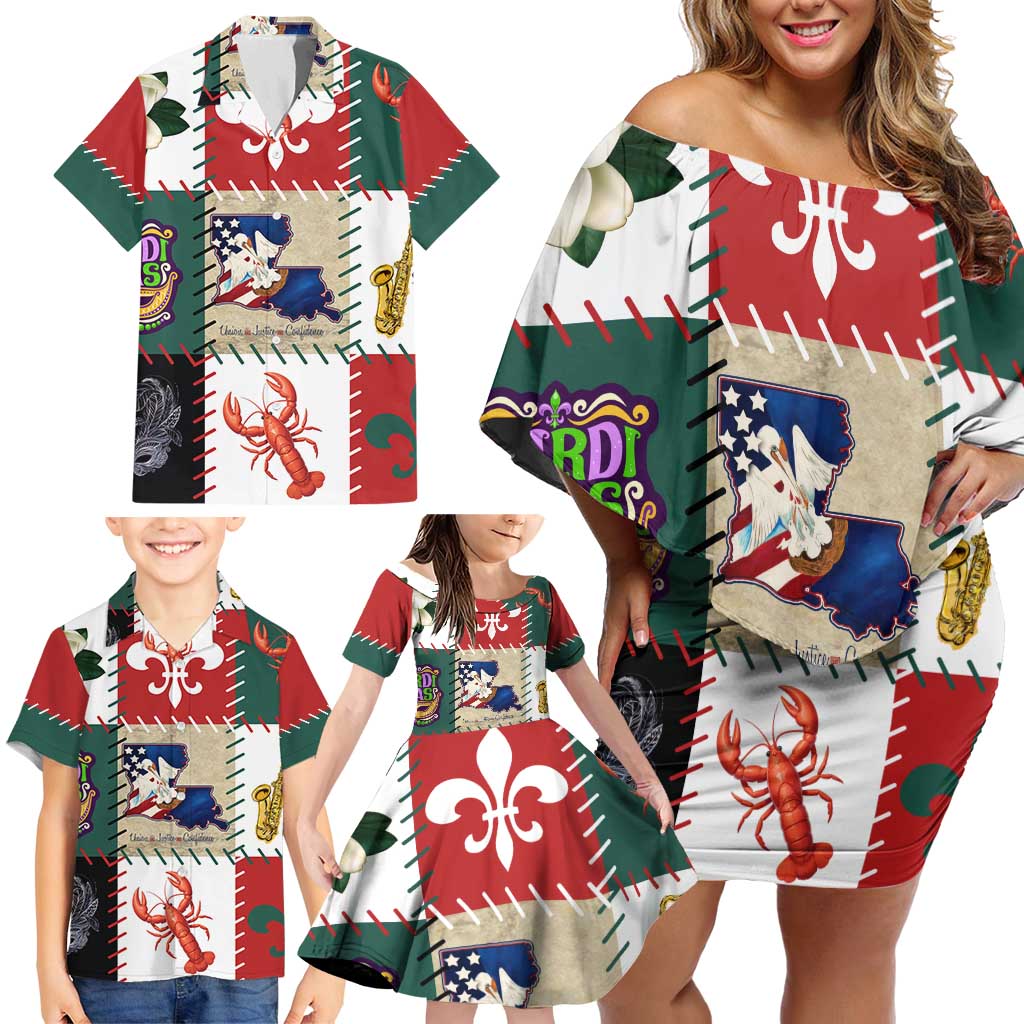 Louisiana Famous Things Christmas Family Matching Off Shoulder Short Dress and Hawaiian Shirt Xmas Holiday Patterns - Wonder Print Shop