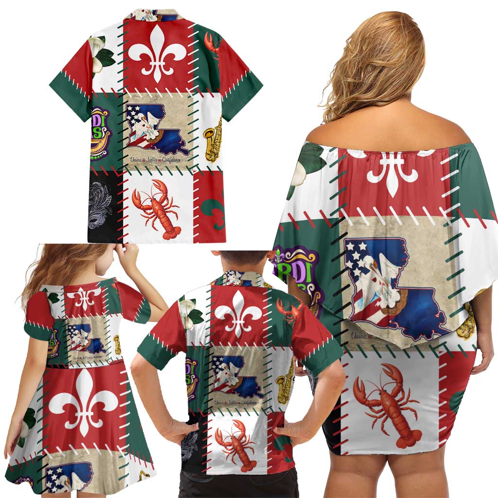Louisiana Famous Things Christmas Family Matching Off Shoulder Short Dress and Hawaiian Shirt Xmas Holiday Patterns - Wonder Print Shop