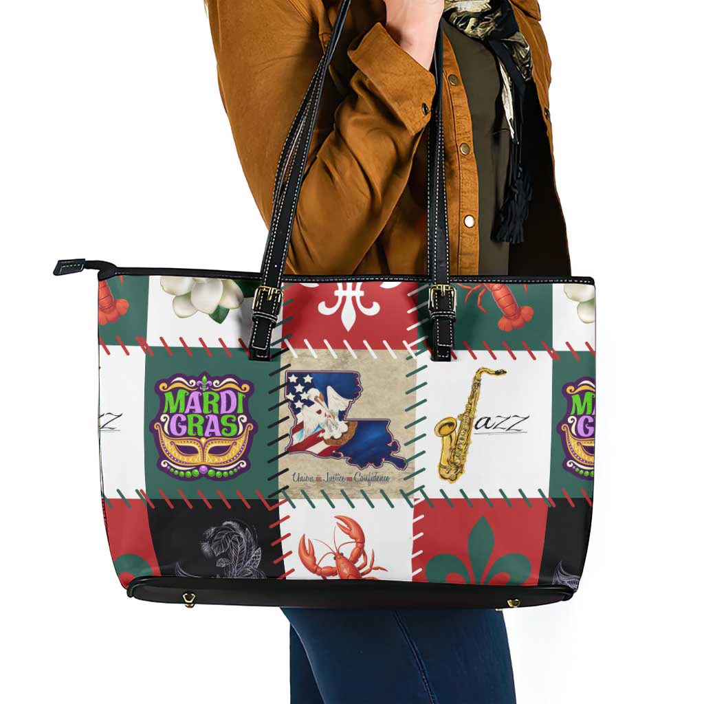 Louisiana Famous Things Christmas Leather Tote Bag Xmas Holiday Patterns - Wonder Print Shop
