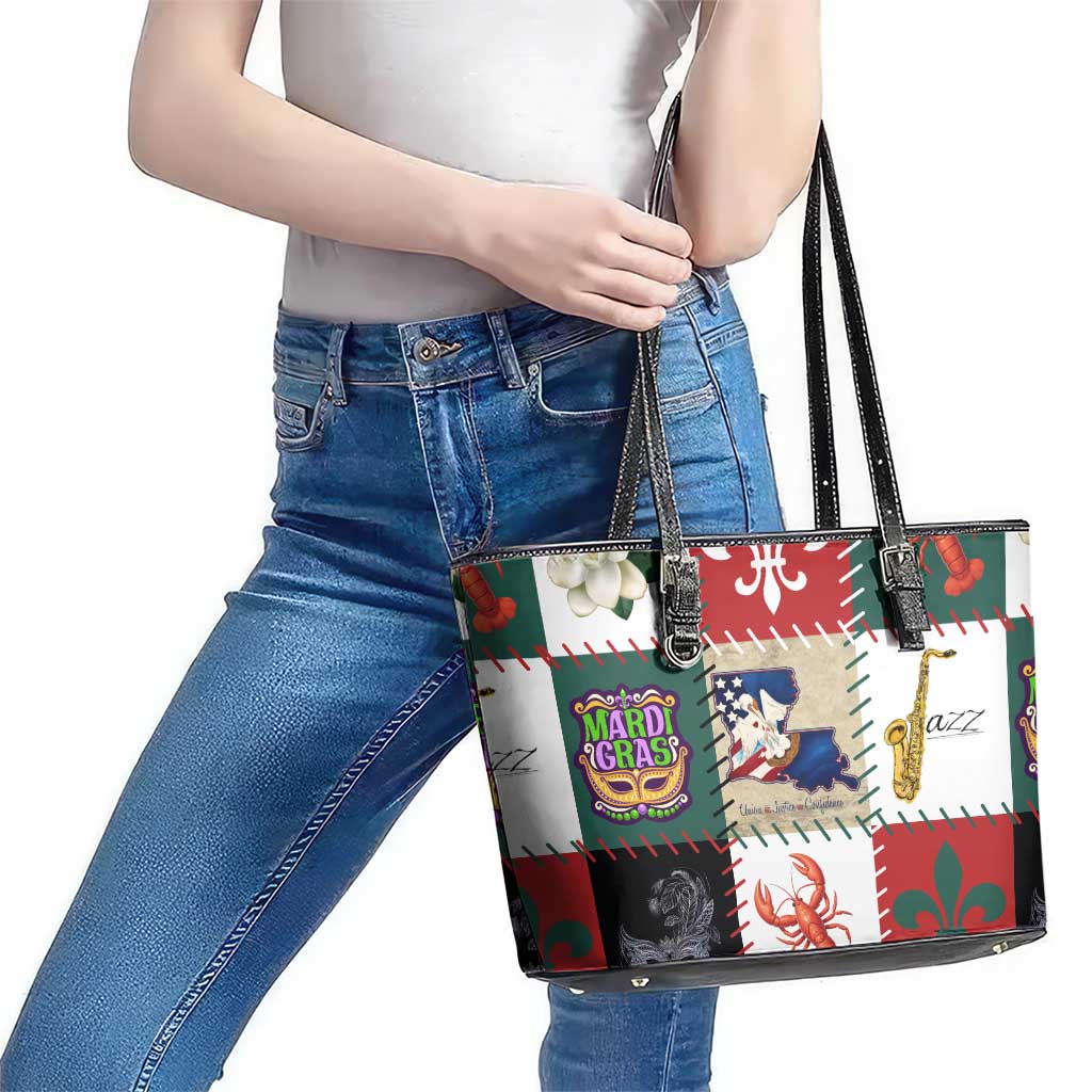 Louisiana Famous Things Christmas Leather Tote Bag Xmas Holiday Patterns - Wonder Print Shop