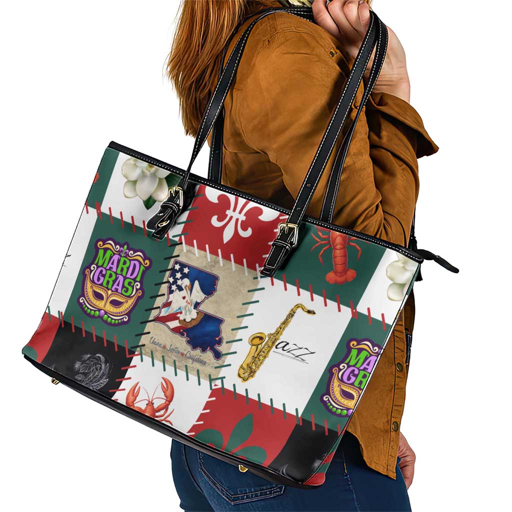 Louisiana Famous Things Christmas Leather Tote Bag Xmas Holiday Patterns - Wonder Print Shop