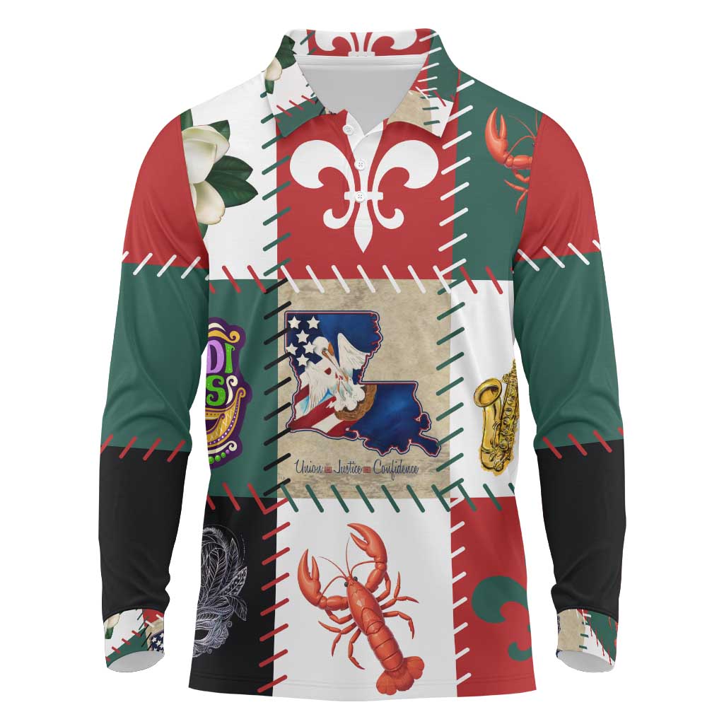 Louisiana Famous Things Christmas Long Sleeve Polo Shirt Xmas Holiday Patterns - Wonder Print Shop