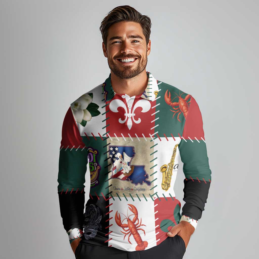 Louisiana Famous Things Christmas Long Sleeve Polo Shirt Xmas Holiday Patterns - Wonder Print Shop