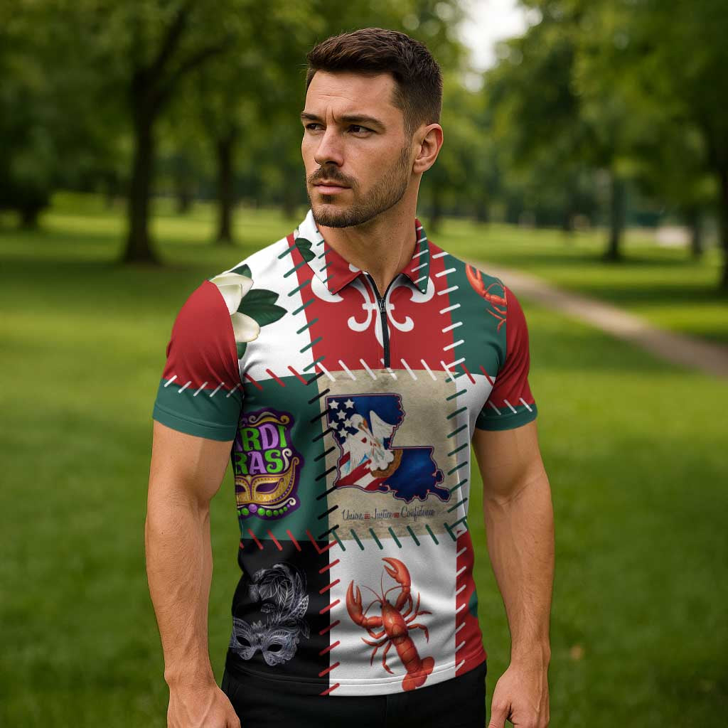 Louisiana Famous Things Christmas Zipper Polo Shirt Xmas Holiday Patterns - Wonder Print Shop