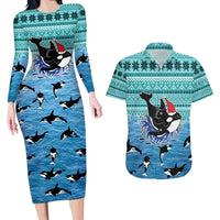 Love Oracle Whale Christmas Couples Matching Long Sleeve Bodycon Dress and Hawaiian Shirt Xmas Holiday Patterns - Wonder Print Shop