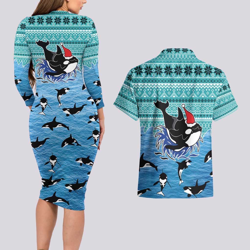 Love Oracle Whale Christmas Couples Matching Long Sleeve Bodycon Dress and Hawaiian Shirt Xmas Holiday Patterns - Wonder Print Shop