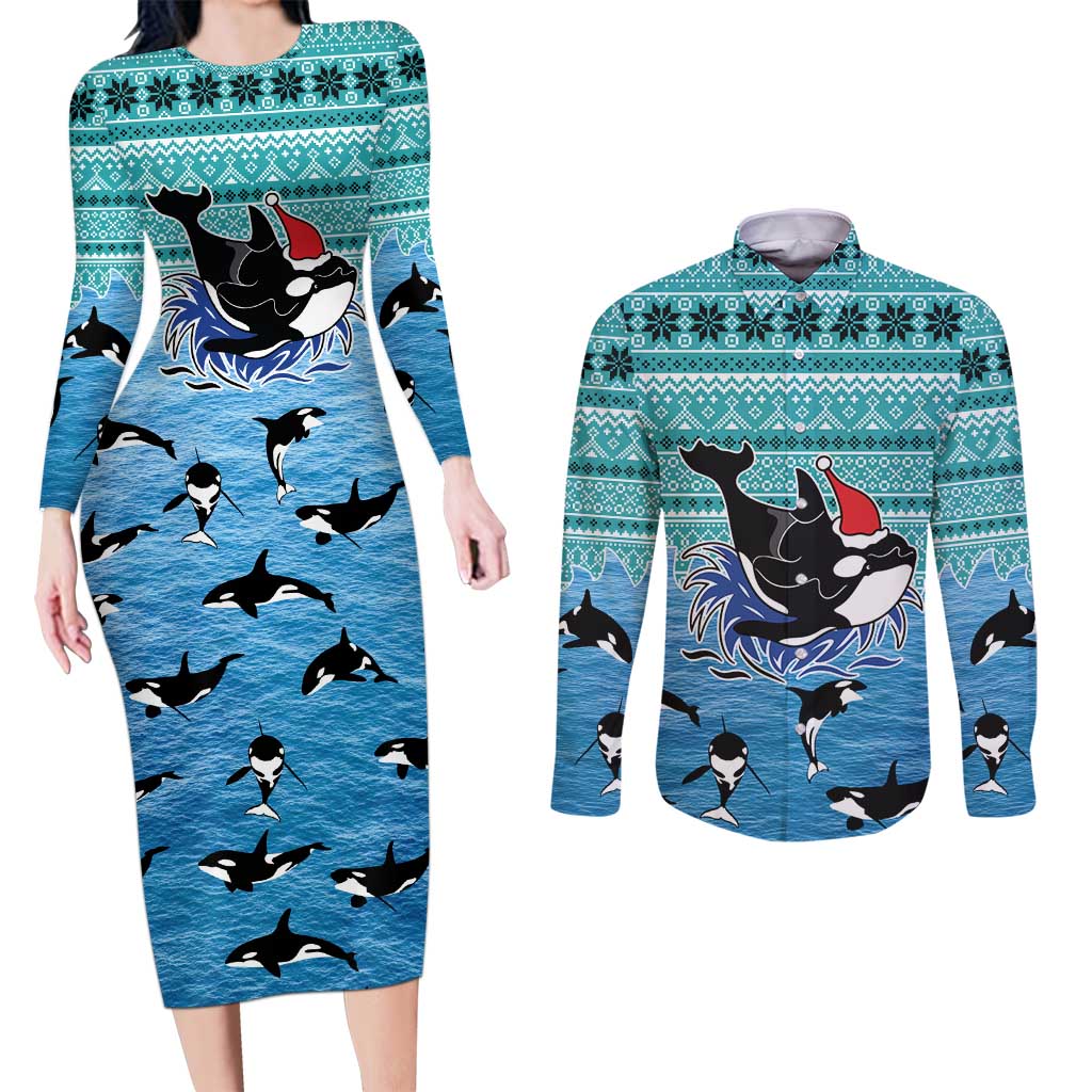 Love Oracle Whale Christmas Couples Matching Long Sleeve Bodycon Dress and Long Sleeve Button Shirt Xmas Holiday Patterns - Wonder Print Shop