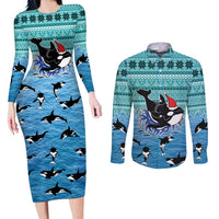 Love Oracle Whale Christmas Couples Matching Long Sleeve Bodycon Dress and Long Sleeve Button Shirt Xmas Holiday Patterns - Wonder Print Shop