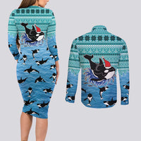 Love Oracle Whale Christmas Couples Matching Long Sleeve Bodycon Dress and Long Sleeve Button Shirt Xmas Holiday Patterns - Wonder Print Shop