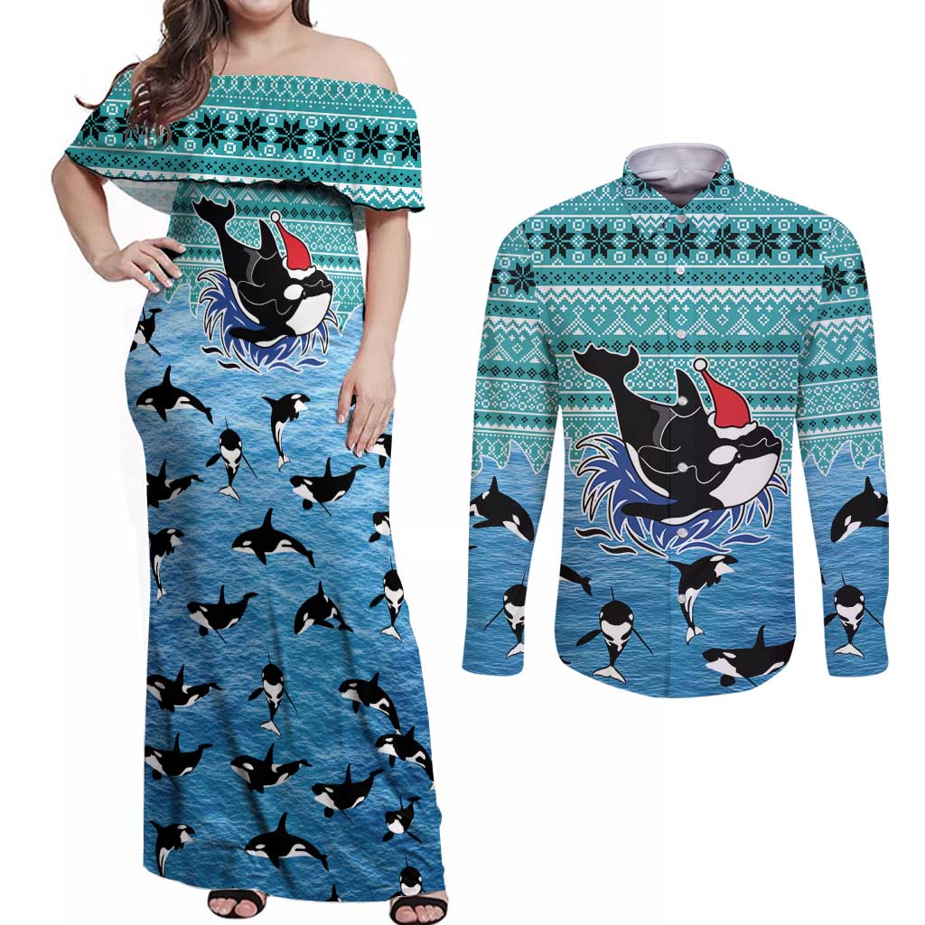 Love Oracle Whale Christmas Couples Matching Off Shoulder Maxi Dress and Long Sleeve Button Shirt Xmas Holiday Patterns - Wonder Print Shop