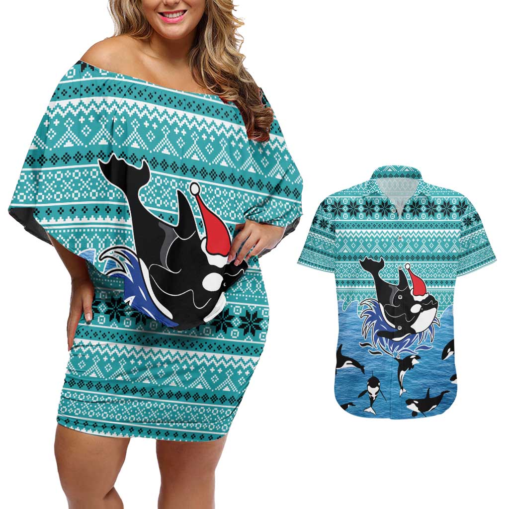 Love Oracle Whale Christmas Couples Matching Off Shoulder Short Dress and Hawaiian Shirt Xmas Holiday Patterns - Wonder Print Shop