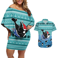 Love Oracle Whale Christmas Couples Matching Off Shoulder Short Dress and Hawaiian Shirt Xmas Holiday Patterns - Wonder Print Shop