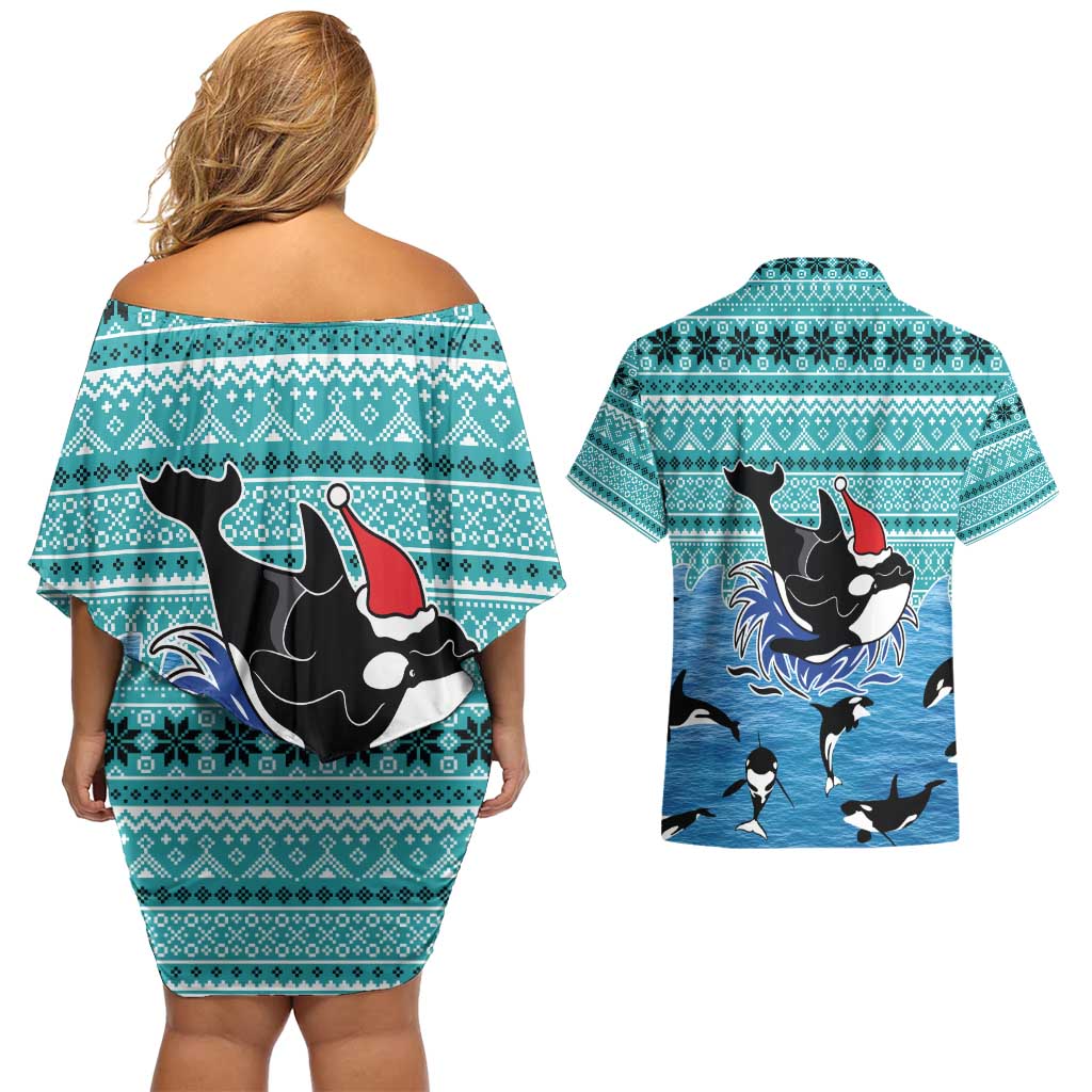Love Oracle Whale Christmas Couples Matching Off Shoulder Short Dress and Hawaiian Shirt Xmas Holiday Patterns - Wonder Print Shop