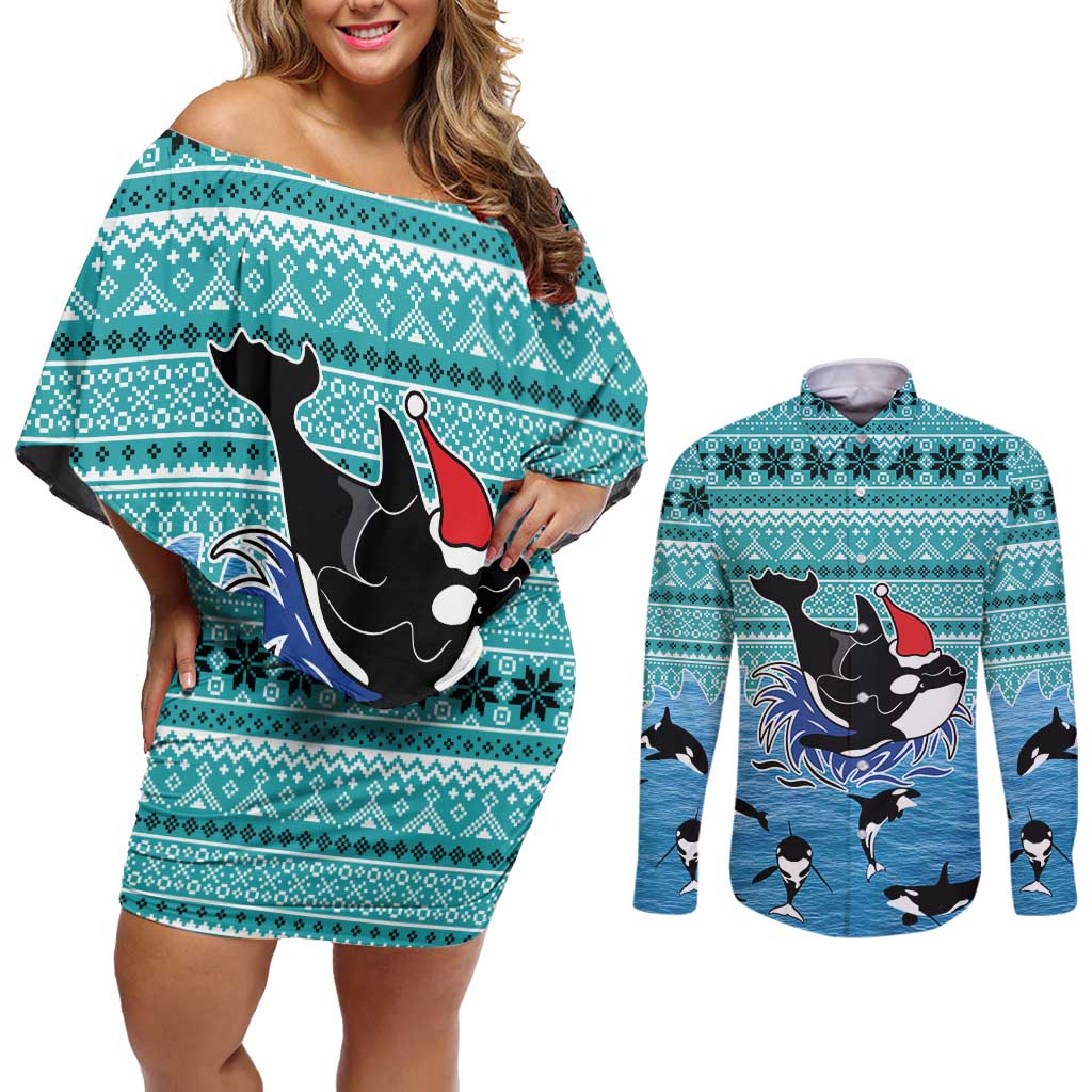 Love Oracle Whale Christmas Couples Matching Off Shoulder Short Dress and Long Sleeve Button Shirt Xmas Holiday Patterns - Wonder Print Shop