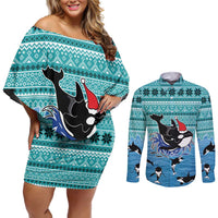 Love Oracle Whale Christmas Couples Matching Off Shoulder Short Dress and Long Sleeve Button Shirt Xmas Holiday Patterns - Wonder Print Shop