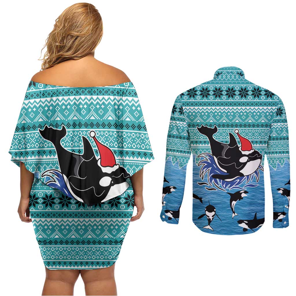 Love Oracle Whale Christmas Couples Matching Off Shoulder Short Dress and Long Sleeve Button Shirt Xmas Holiday Patterns - Wonder Print Shop