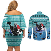 Love Oracle Whale Christmas Couples Matching Off Shoulder Short Dress and Long Sleeve Button Shirt Xmas Holiday Patterns - Wonder Print Shop