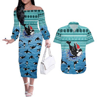 Love Oracle Whale Christmas Couples Matching Off The Shoulder Long Sleeve Dress and Hawaiian Shirt Xmas Holiday Patterns - Wonder Print Shop