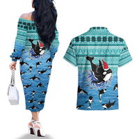 Love Oracle Whale Christmas Couples Matching Off The Shoulder Long Sleeve Dress and Hawaiian Shirt Xmas Holiday Patterns - Wonder Print Shop