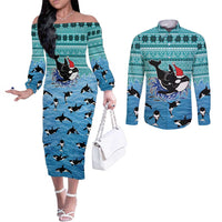 Love Oracle Whale Christmas Couples Matching Off The Shoulder Long Sleeve Dress and Long Sleeve Button Shirt Xmas Holiday Patterns - Wonder Print Shop