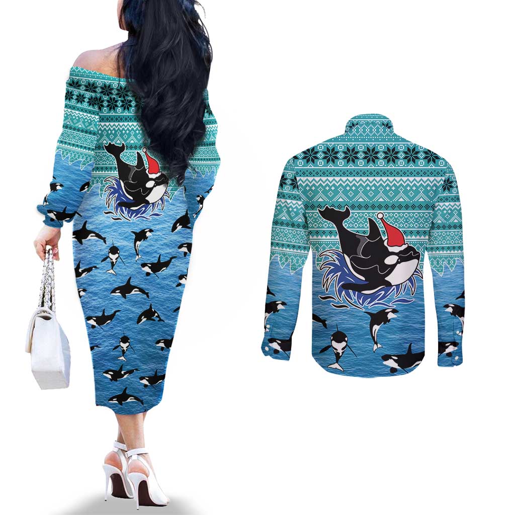 Love Oracle Whale Christmas Couples Matching Off The Shoulder Long Sleeve Dress and Long Sleeve Button Shirt Xmas Holiday Patterns - Wonder Print Shop