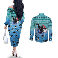 Love Oracle Whale Christmas Couples Matching Off The Shoulder Long Sleeve Dress and Long Sleeve Button Shirt Xmas Holiday Patterns - Wonder Print Shop