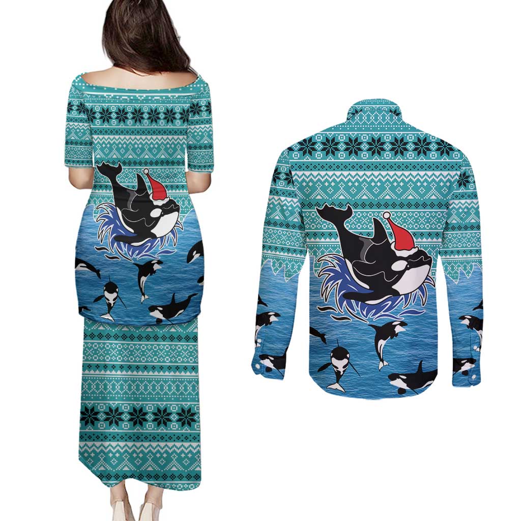 Love Oracle Whale Christmas Couples Matching Puletasi and Long Sleeve Button Shirt Xmas Holiday Patterns - Wonder Print Shop
