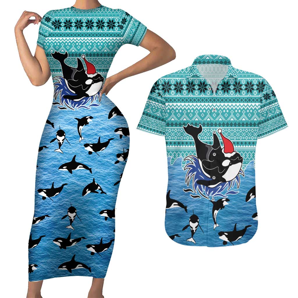 Love Oracle Whale Christmas Couples Matching Short Sleeve Bodycon Dress and Hawaiian Shirt Xmas Holiday Patterns - Wonder Print Shop