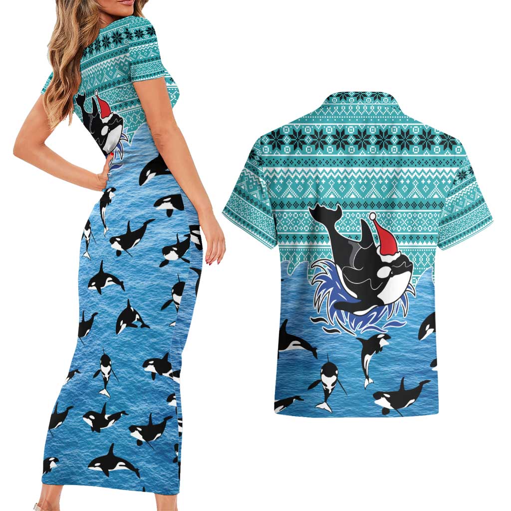 Love Oracle Whale Christmas Couples Matching Short Sleeve Bodycon Dress and Hawaiian Shirt Xmas Holiday Patterns - Wonder Print Shop