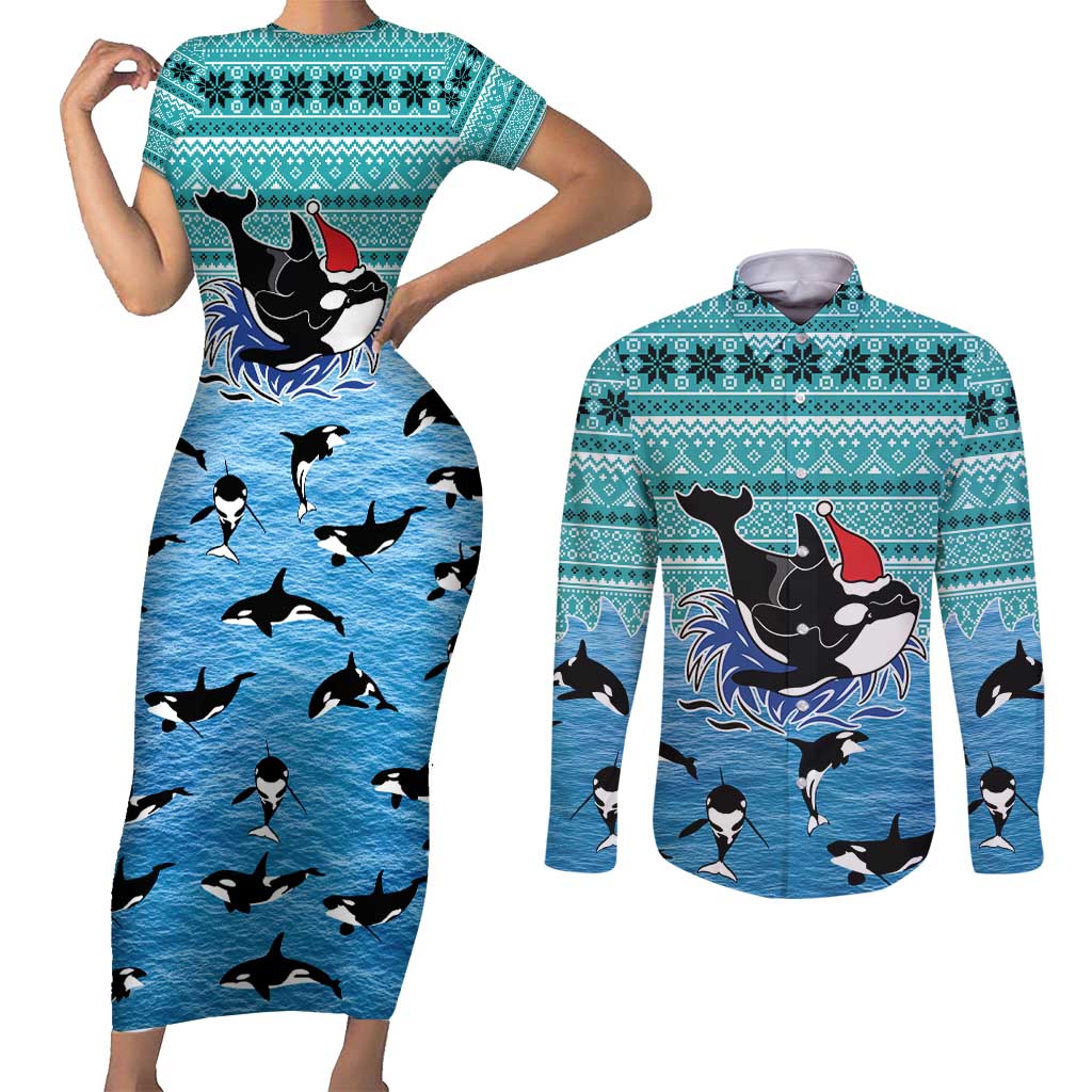 Love Oracle Whale Christmas Couples Matching Short Sleeve Bodycon Dress and Long Sleeve Button Shirt Xmas Holiday Patterns - Wonder Print Shop