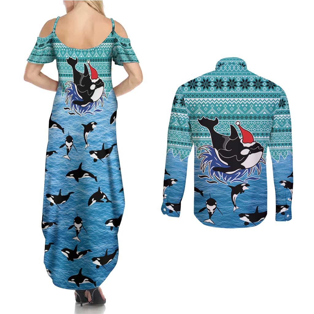 Love Oracle Whale Christmas Couples Matching Summer Maxi Dress and Long Sleeve Button Shirt Xmas Holiday Patterns - Wonder Print Shop