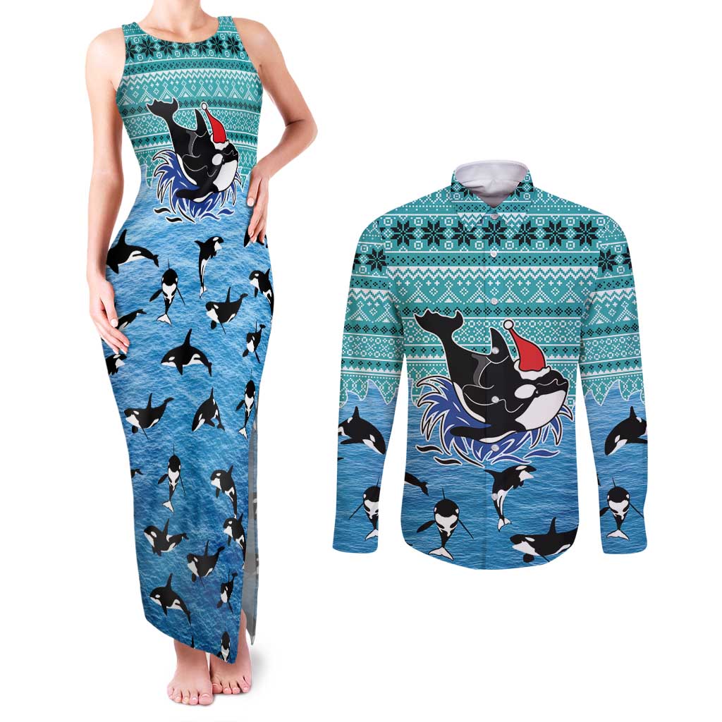 Love Oracle Whale Christmas Couples Matching Tank Maxi Dress and Long Sleeve Button Shirt Xmas Holiday Patterns - Wonder Print Shop