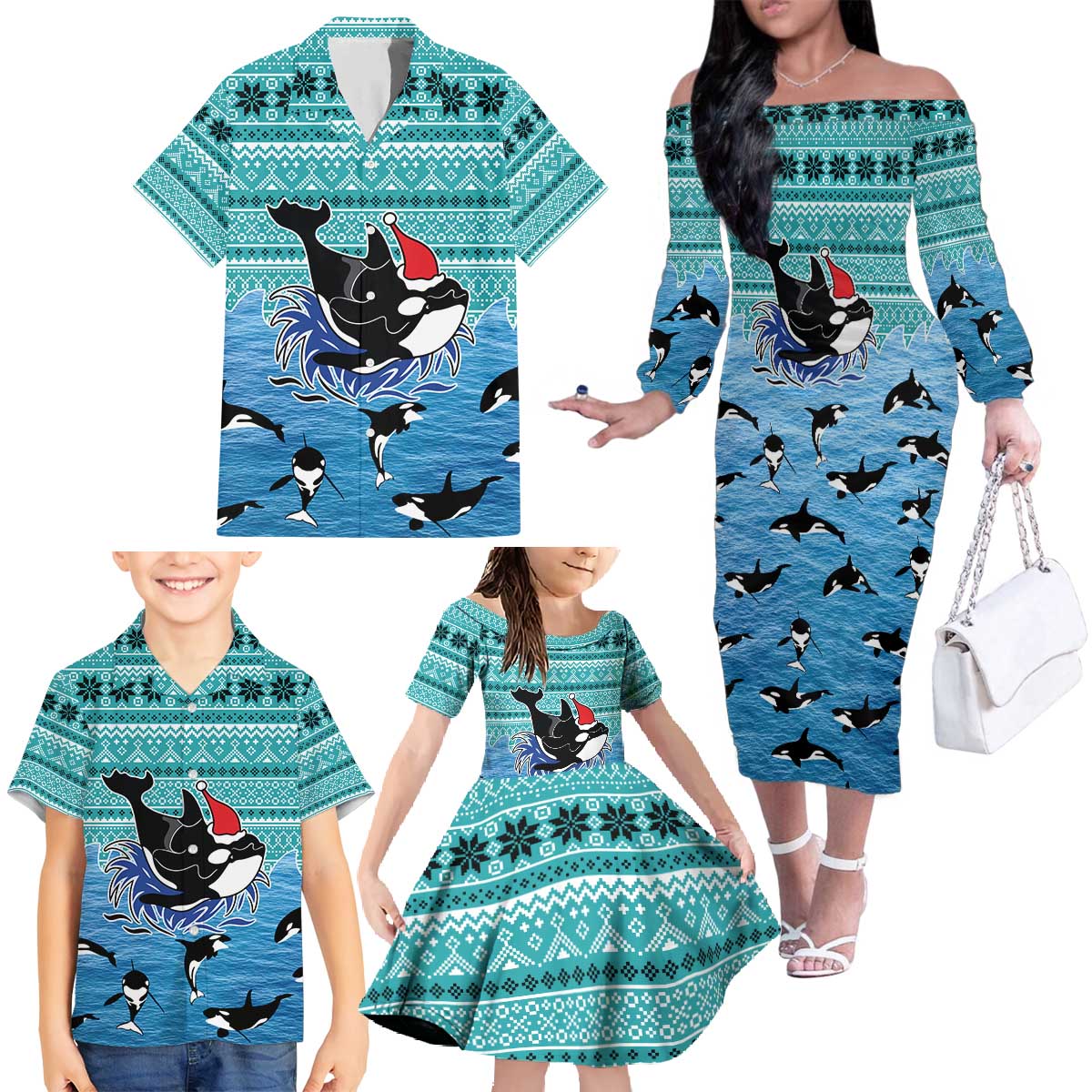 Love Oracle Whale Christmas Family Matching Off The Shoulder Long Sleeve Dress and Hawaiian Shirt Xmas Holiday Patterns - Wonder Print Shop