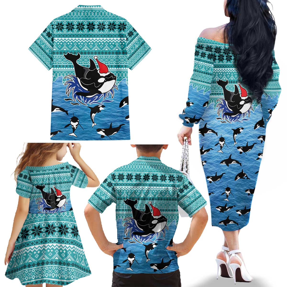 Love Oracle Whale Christmas Family Matching Off The Shoulder Long Sleeve Dress and Hawaiian Shirt Xmas Holiday Patterns - Wonder Print Shop